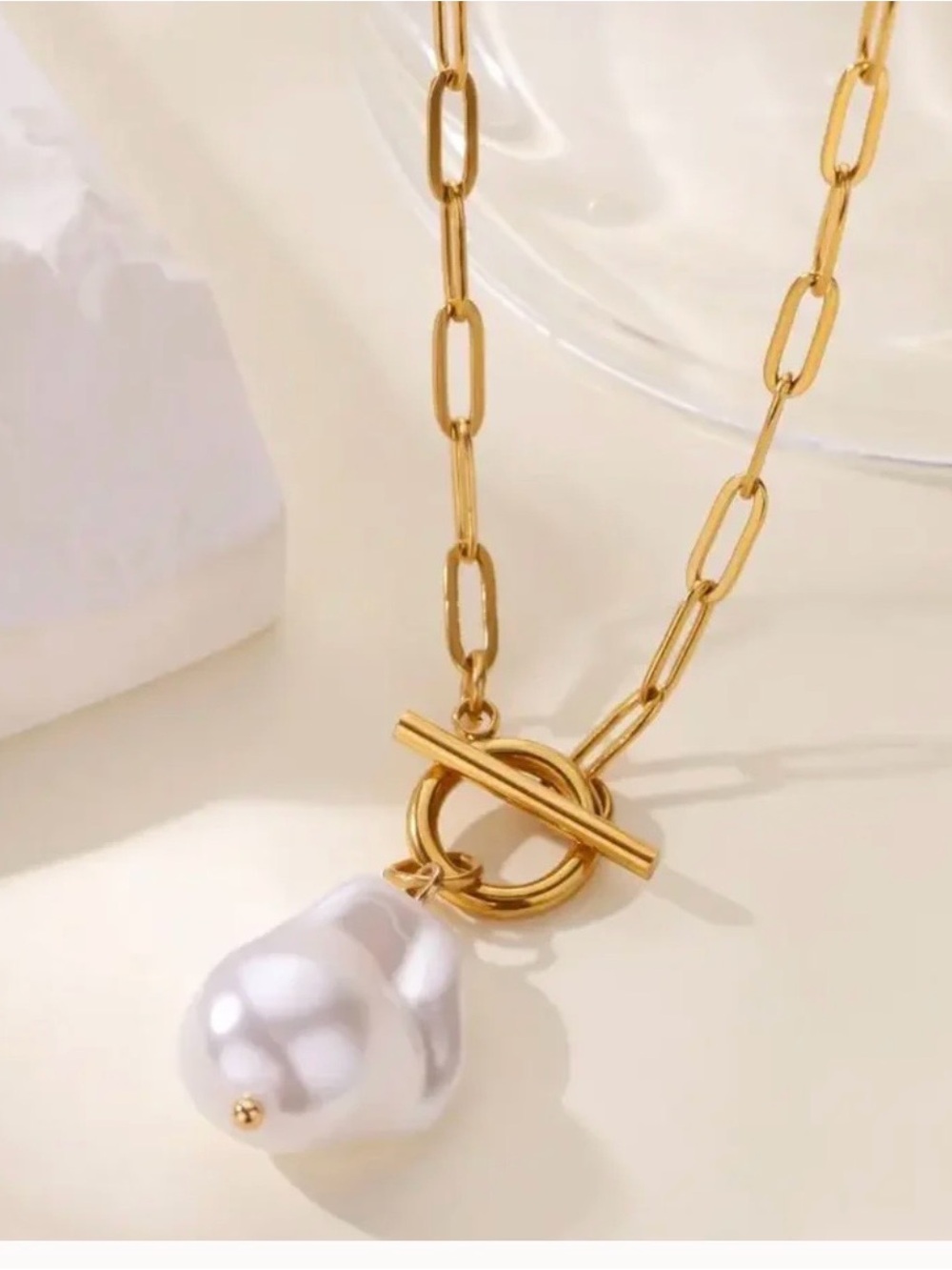Gold Pearl Toggle Pendant Necklace